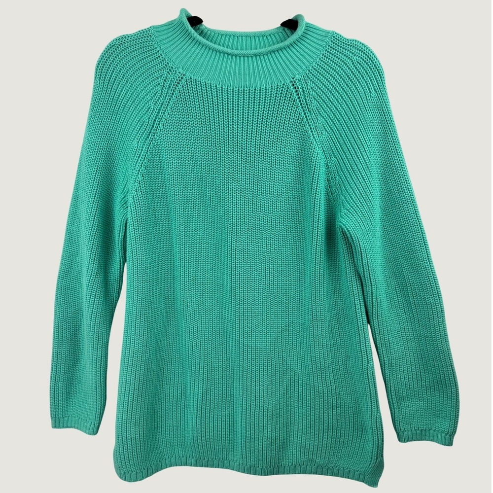 Talbots Sweater Womens Large Green Shaker Knit Cotton Mock Neck Raglan Pullover
